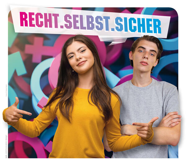 Titelbild der KiJA Tour 2019/2020 zum Thema RECHT.SELBST.SICHER: ein junges Mädchen und ein junger Mann die Selbstsicherheit ausstrahlen 