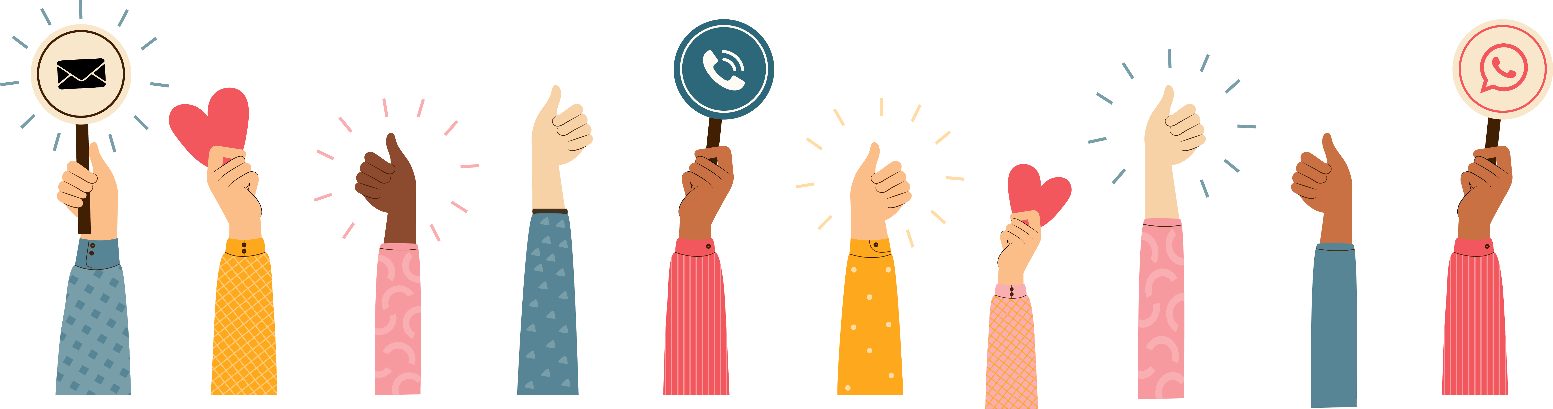 Hände welche Daumen hoch zeigen oder Schilder mit Icons für Whatsapp, Email und Telefon hochhalten