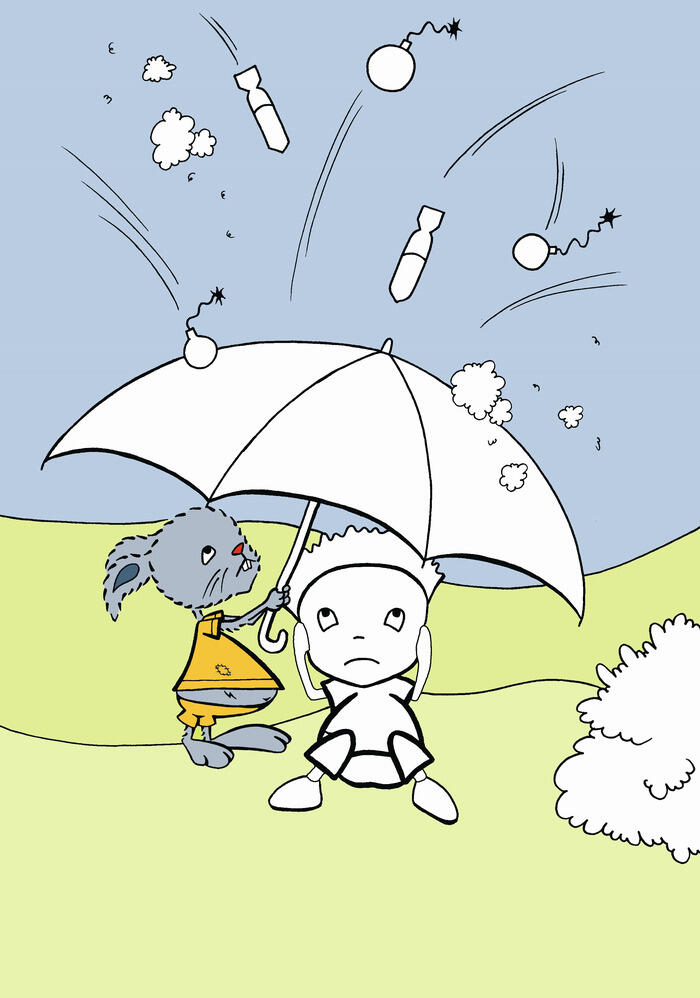 Illustration: Der Kiko-Hase hält einen Regenschirm schützend über ein Kind, während Bomben fallen 