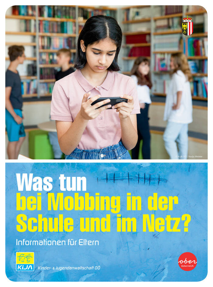 Cover KiJA OÖ Broschüre „Was tun bei Mobbing in der Schule und im Netz – Information für Eltern“ 